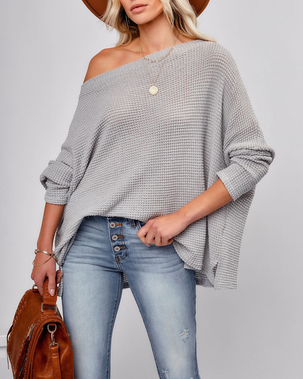 Lovell Boat Neck Thermal Knit Top - Grey