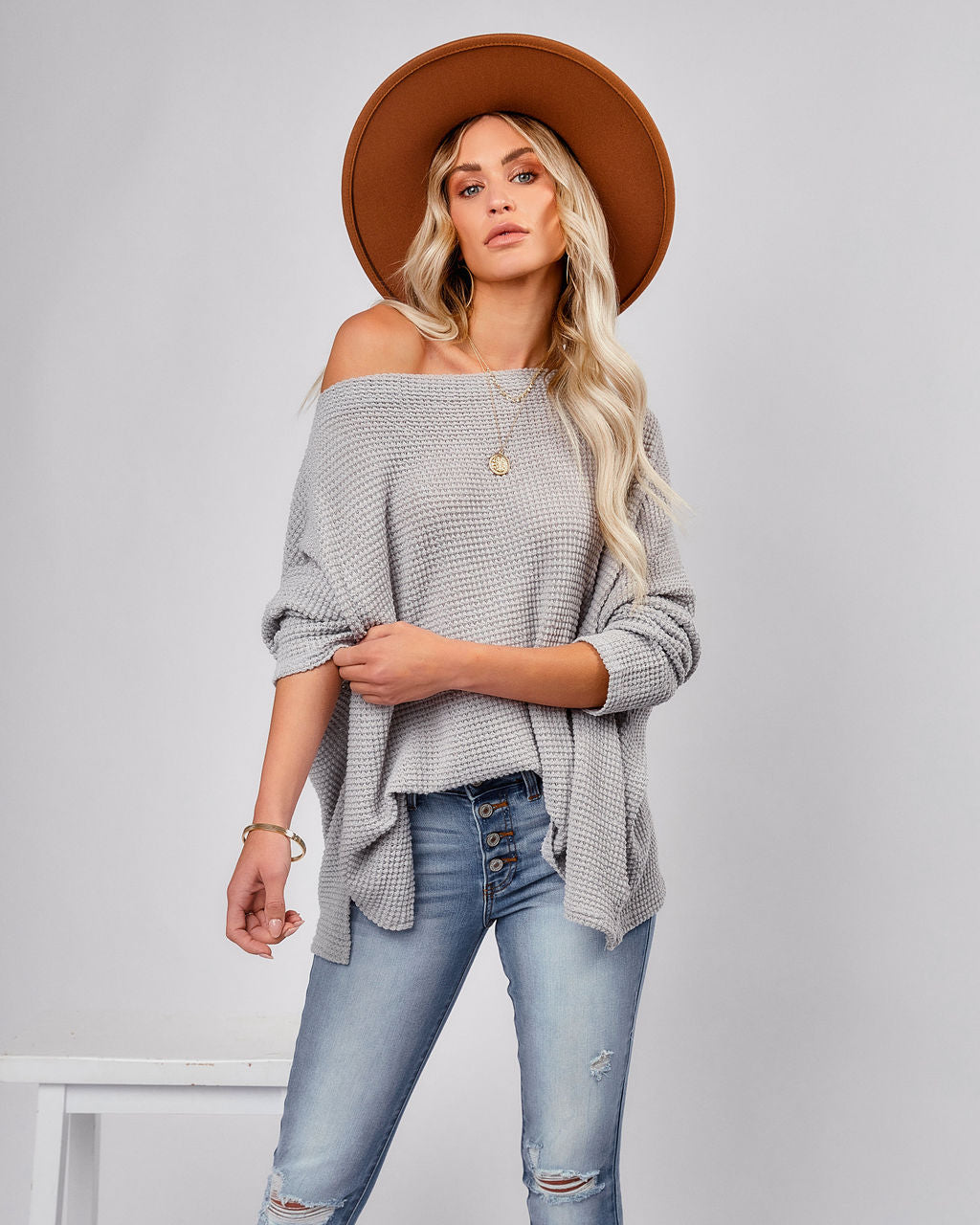 Lovell Boat Neck Thermal Knit Top - Grey