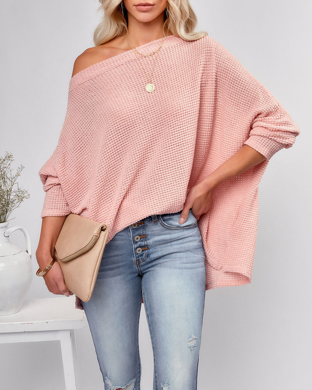 Lovell Boat Neck Thermal Knit Top - Pink