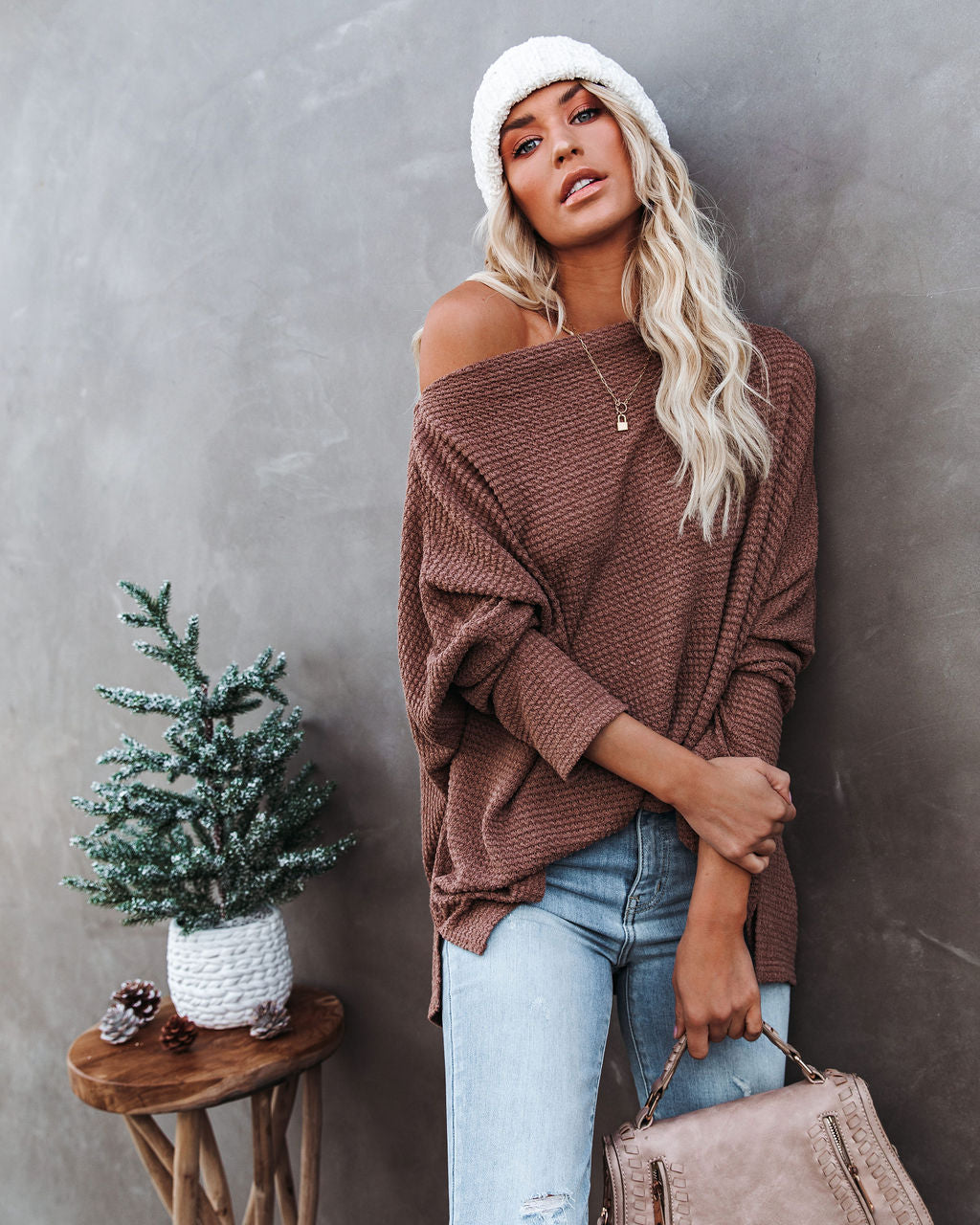 Lovell Boat Neck Thermal Knit Top - Wood