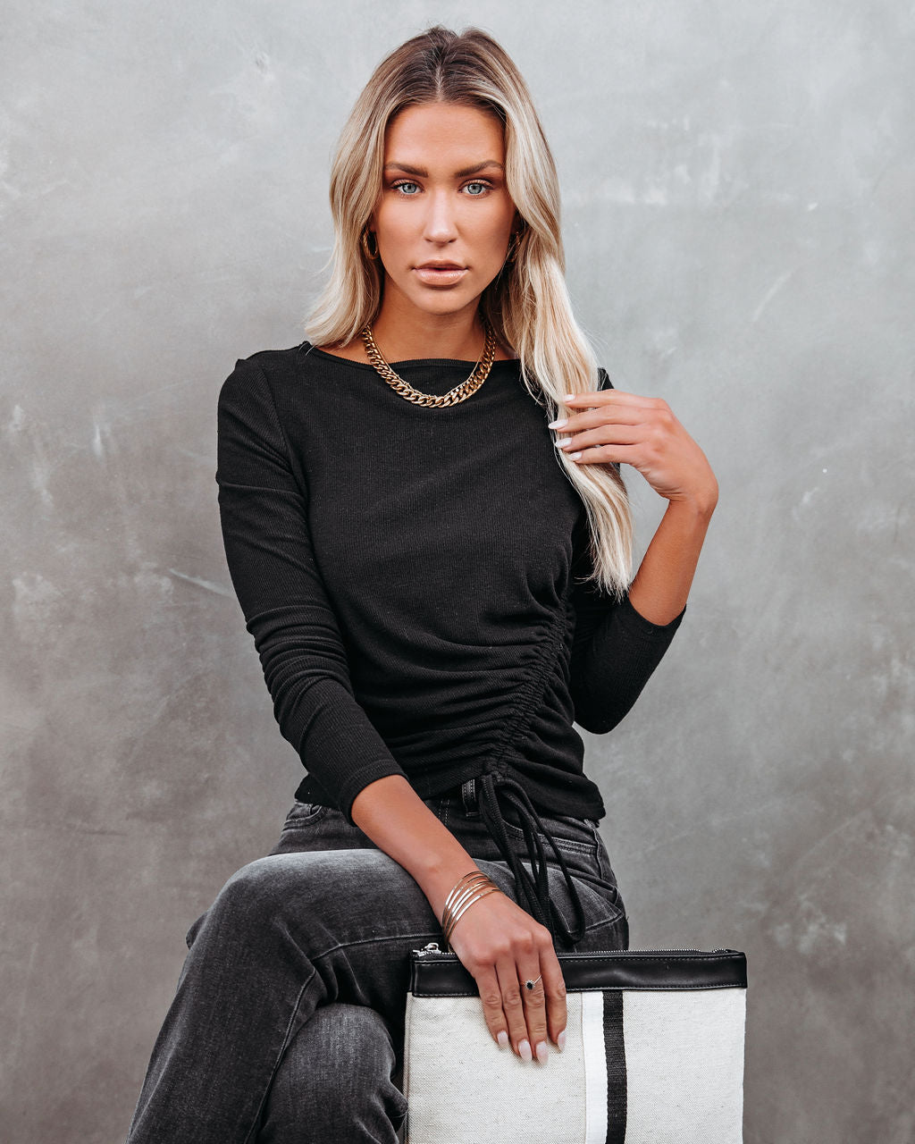 Mira Asymmetrical Ruched Long Sleeve Knit Top - Black