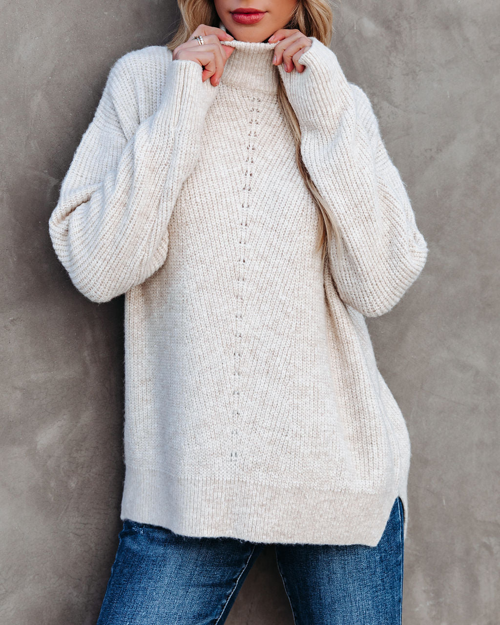 Nysha Mock Neck Knit Sweater - Beige