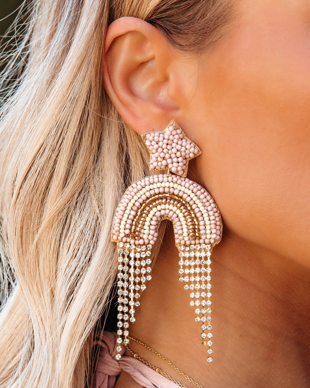 Over The Rainbow Beaded Statement Earrings - Blush