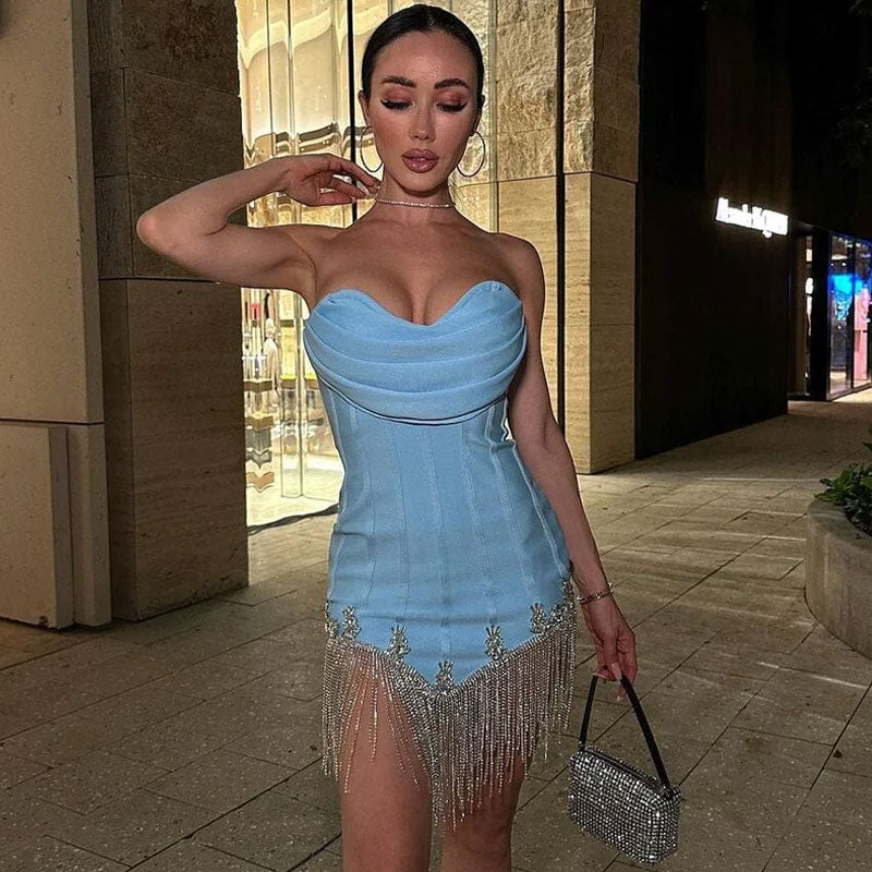 Sparkle Crystal Fringe Trim Draped Sweetheart Strapless Mini Bandage Dress - Blue