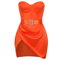 Sparkly Belt Strapless Satin Draped Club Mini Dress - Burnt Orange