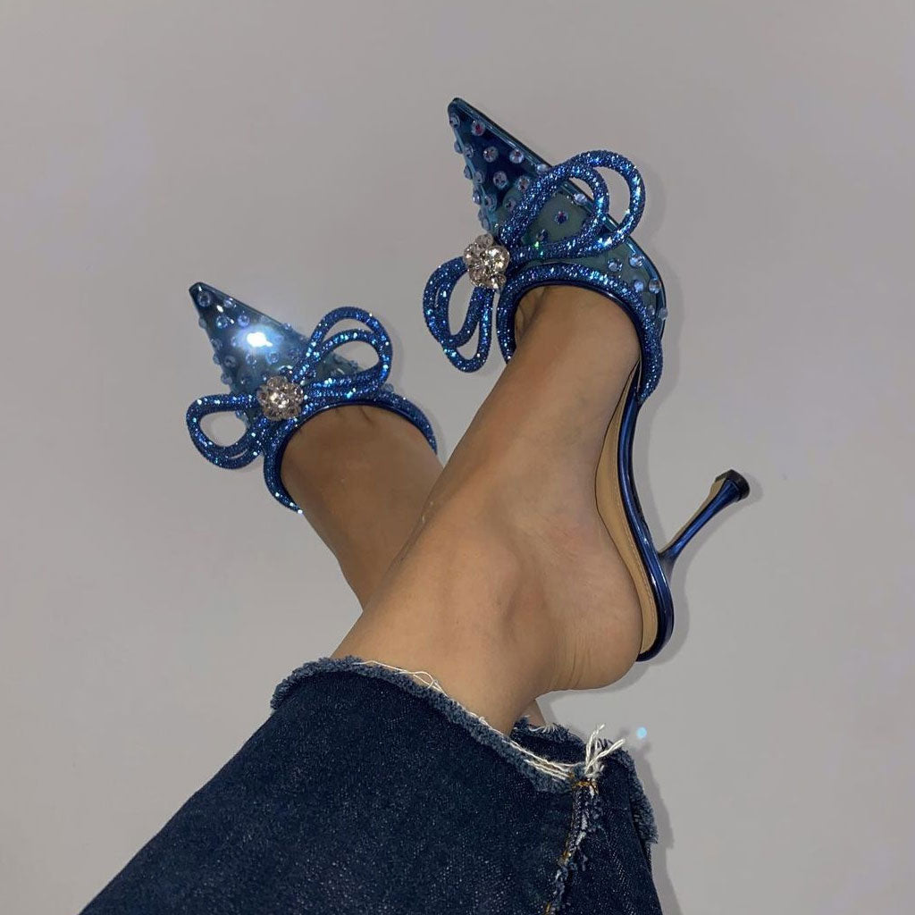 Sparkly Crystal Embellished Bow Pointed Toe Stiletto Mesh Mules - Blue