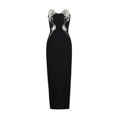 Sparkly Crystal Rose Embellished Side Slit Bodycon Maxi Dress - Black
