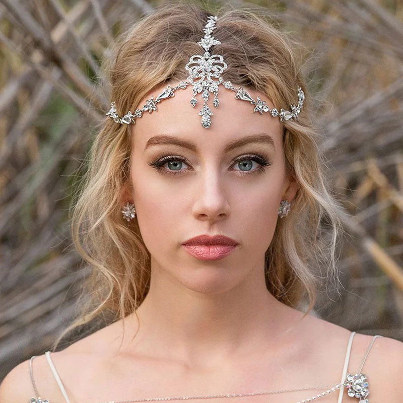 Sparkly Plated Crystal Embellished Bridal Head Chain - Silver