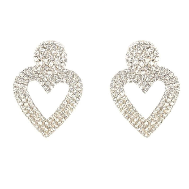 Sparkly Plated Crystal Embellished Heart Shape Drop Earrings - Silver