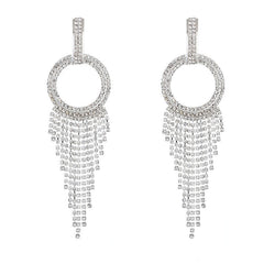 Sparkly Plated Crystal Embellished Hoop Fringe Dangle Earrings - Silver