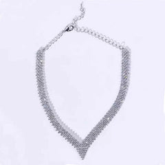 Sparkly Pointed V Shaped Rhinestone Embellished Collar Necklace - Silver