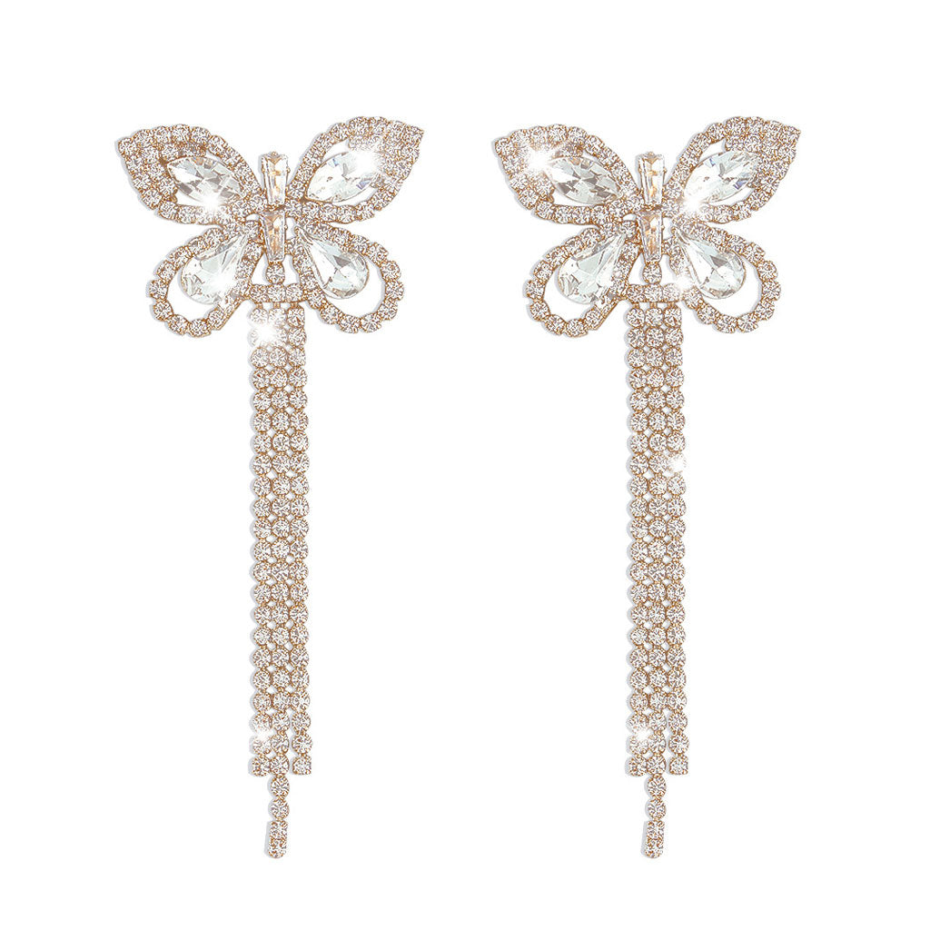 Sparkly Rhinestone Embellished Butterfly Tassel Earrings - Gold