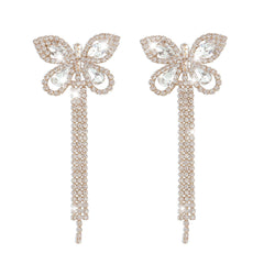 Sparkly Rhinestone Embellished Butterfly Tassel Earrings - Gold