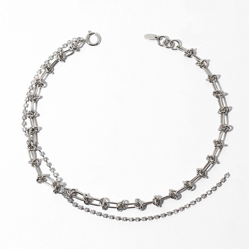 Sparkly Rhinestone Embellished Layered Chain Choker Necklace - Silver