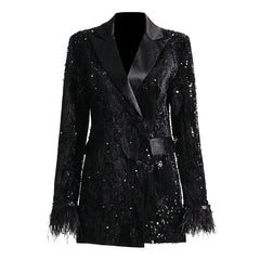 Sparkly Sequin Embellished Feather Cuff Double Breasted Long Tailored Blazer - Black