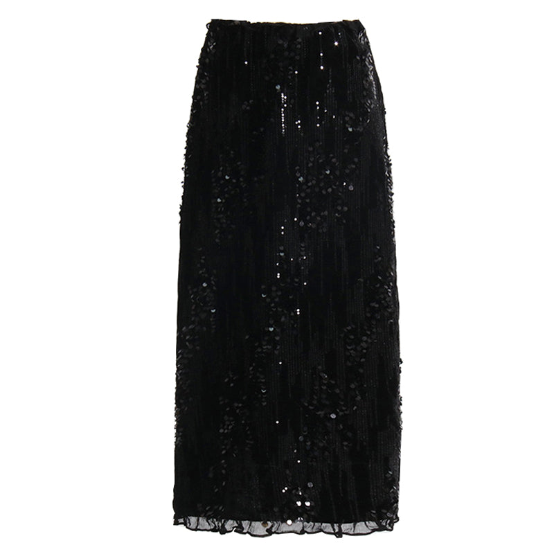Sparkly Sequin Embellished Ruffle Trim High Waist Midi Skirt