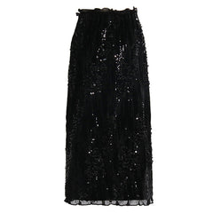 Sparkly Sequin Embellished Ruffle Trim High Waist Midi Skirt