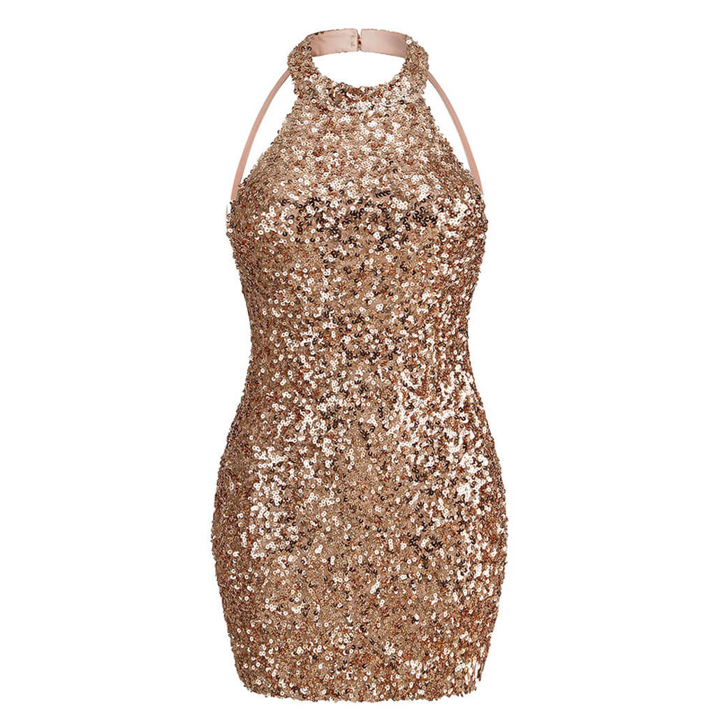 Sparkly Sequin Halter Neck Backless Bodycon Mini Dress - Champagne