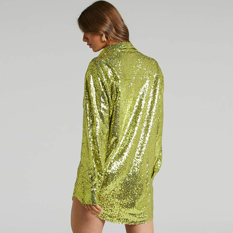 Sparkly Sequin Long Sleeve Button Down Party Shirt - Green