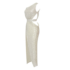 Sparkly Sequin One Shoulder Cutout Draped High Slit Maxi Evening Dress