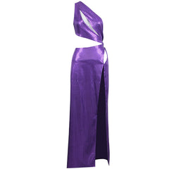Sparkly Sequin One Shoulder Cutout Slit Formal Maxi Dress - Purple