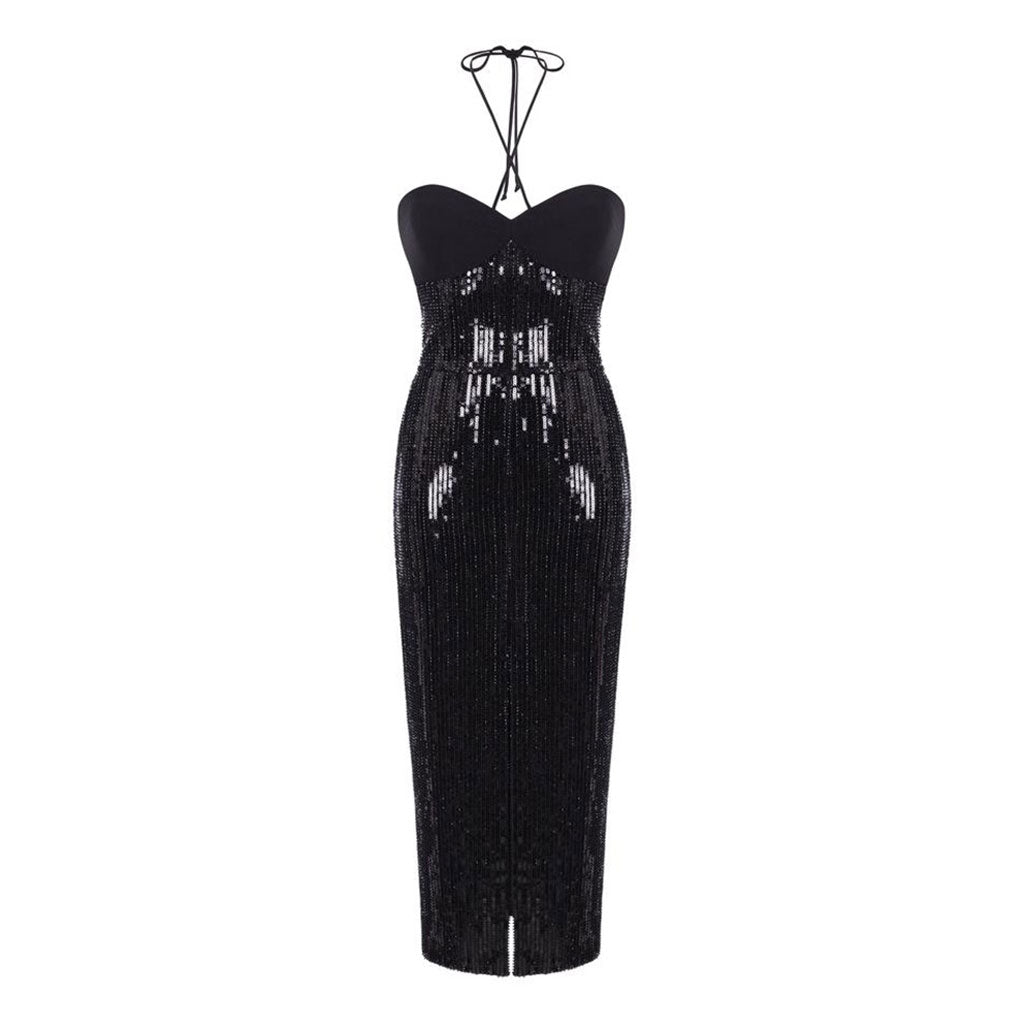 Sparkly Sequined Halter Neck Front Slit Cocktail Midi Dress - Black