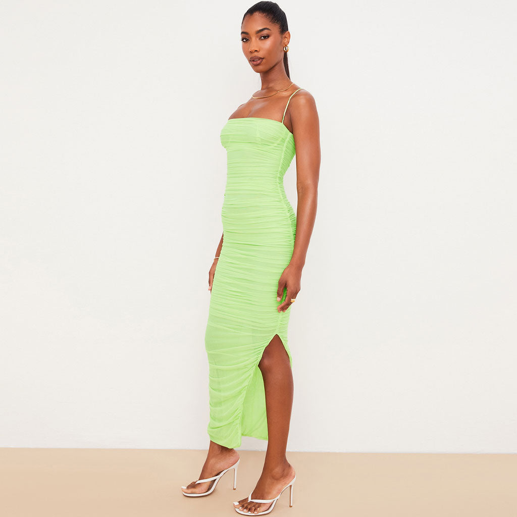 Square Neck High Slit Ruched Mesh Cocktail Party Maxi Dress - Green