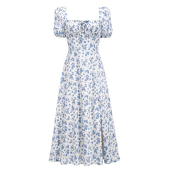 Square Neck Tie Front High Slit Puff Sleeve Midi Floral Dress - Blue