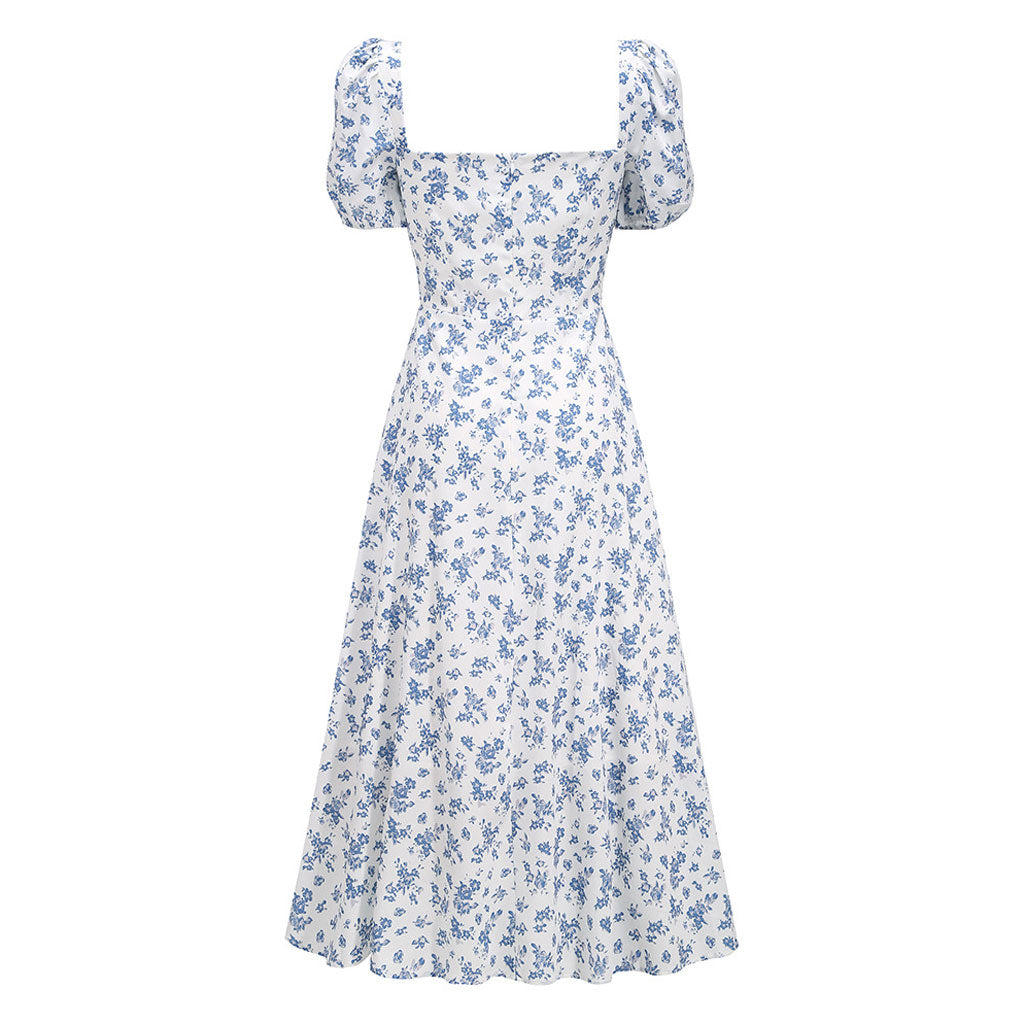 Square Neck Tie Front High Slit Puff Sleeve Midi Floral Dress - Blue