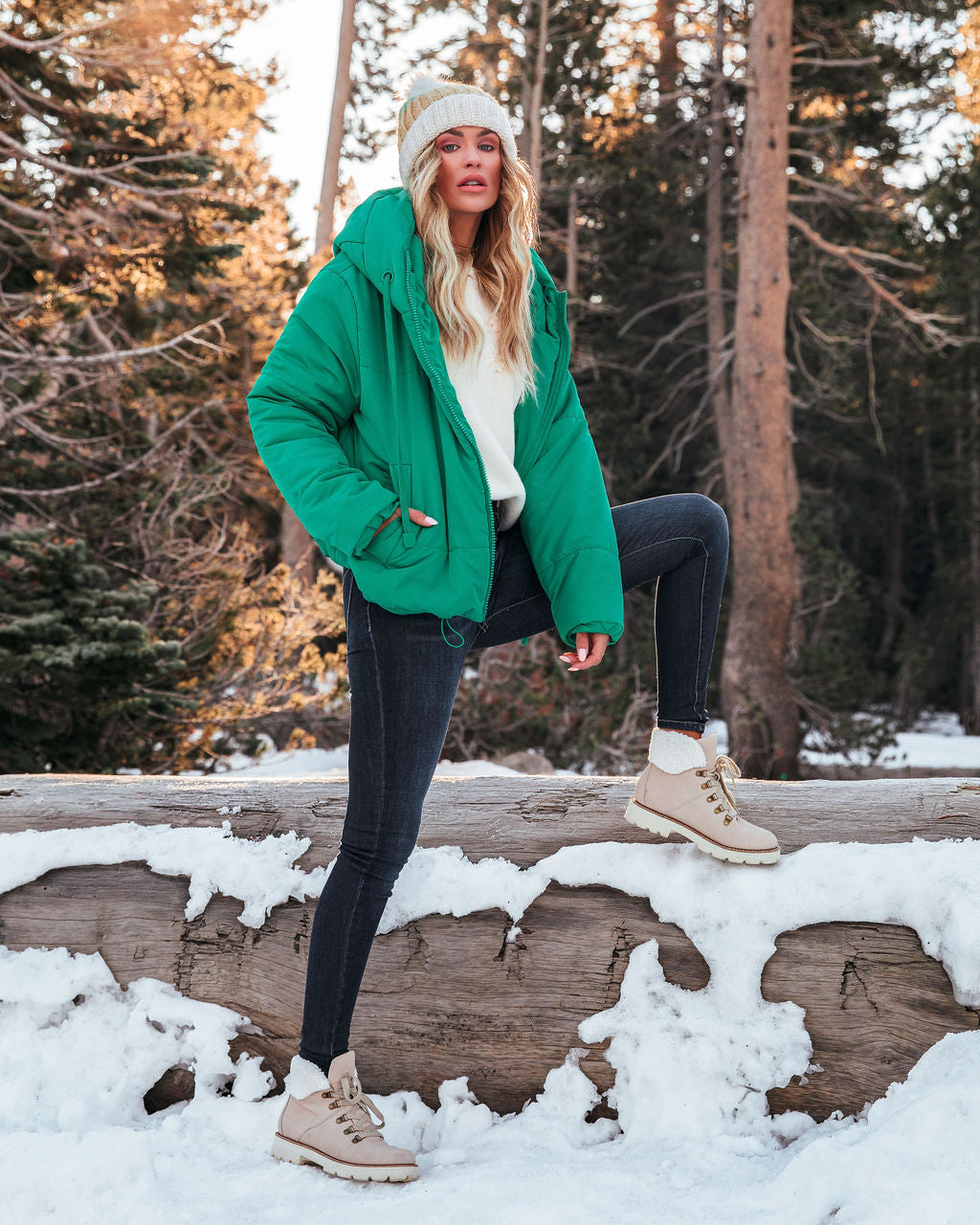 Stay Awhile Pocketed Hooded Puffer Jacket - Kelly Green