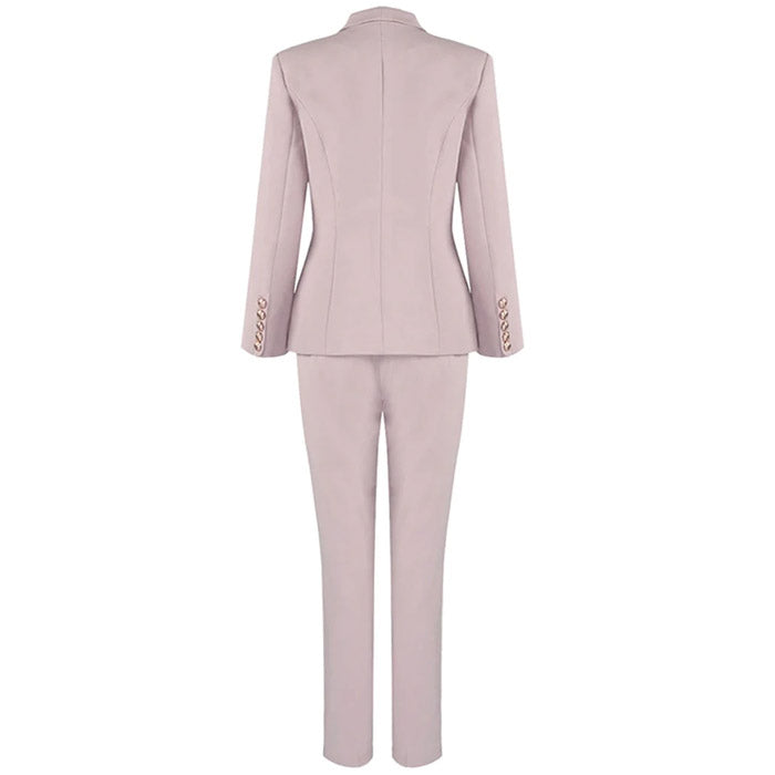 Straight Leg Double Breasted Sleeved Blazer Matching Set - Pink