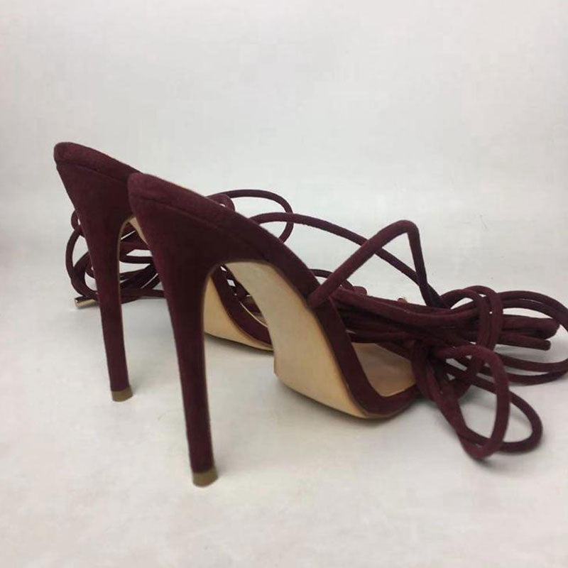 Strappy Lace Up Ankle Tie Pointed Toe Suede Heeled Sandals - Burgundy