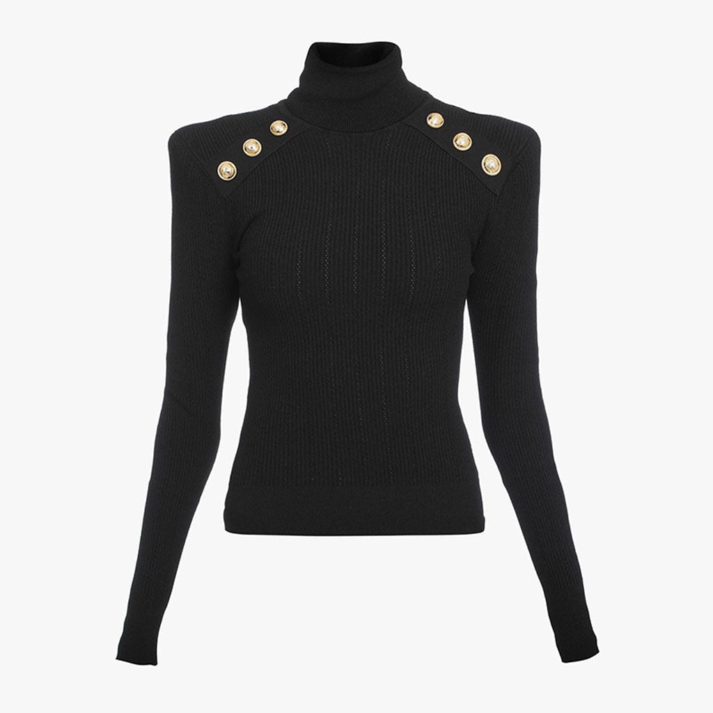 Stylish Button Detail Shoulder Pad Turtleneck Long Sleeve Cable Ribbed Knit Top