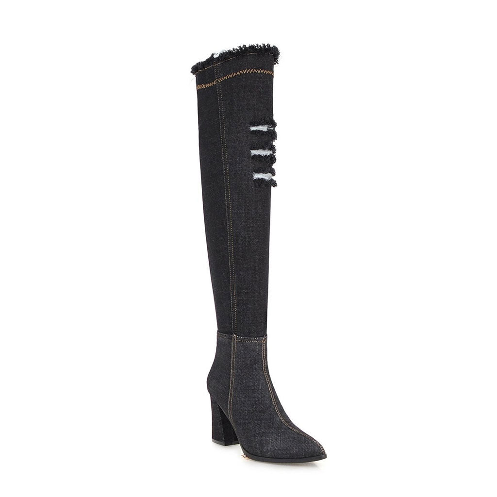 Stylish Distressed Denim Over Knee Pointed Toe Block Heel Boots - Black