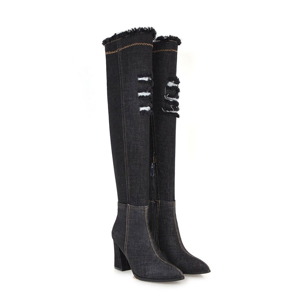 Stylish Distressed Denim Over Knee Pointed Toe Block Heel Boots - Black