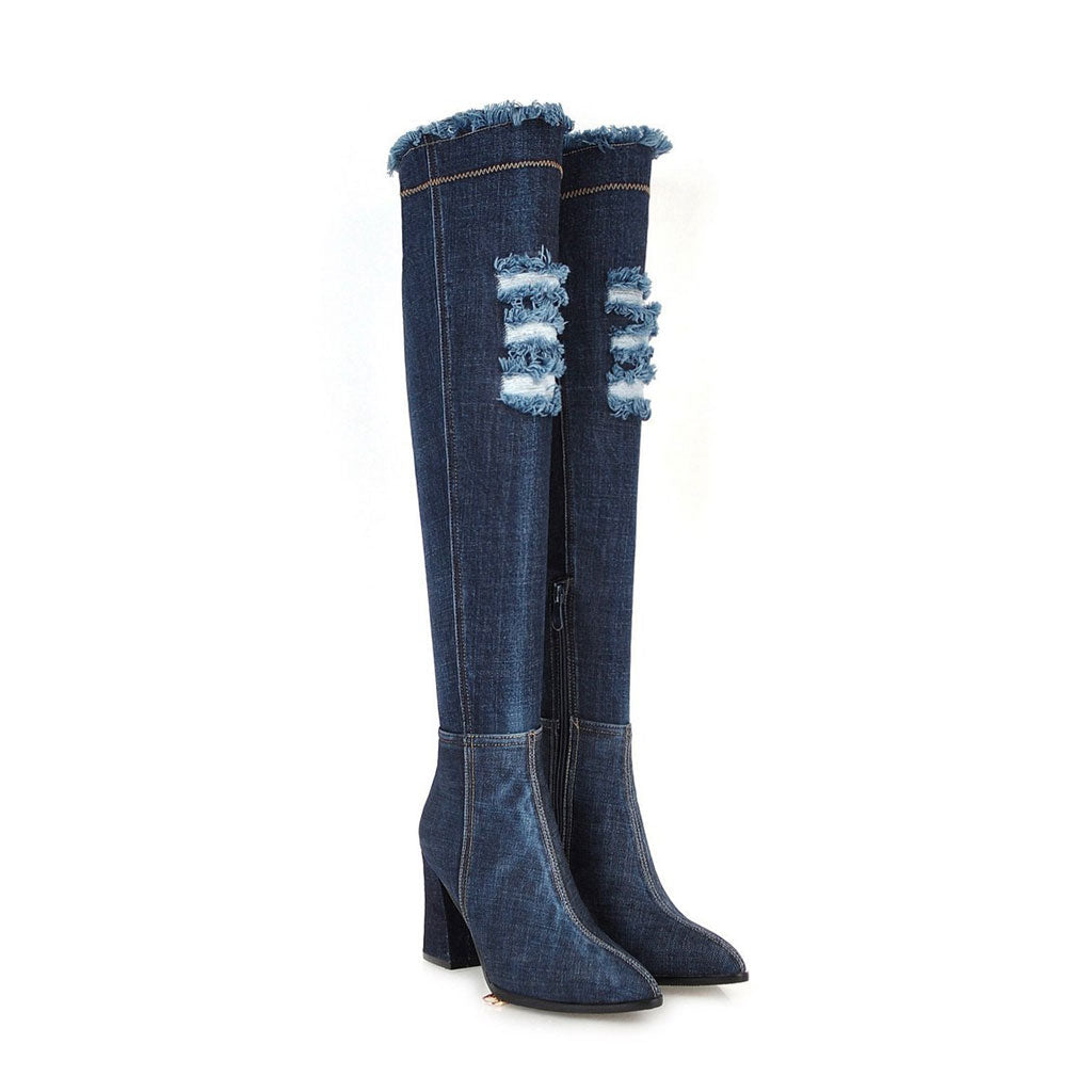 Stylish Distressed Denim Over Knee Pointed Toe Block Heel Boots - Dark Blue