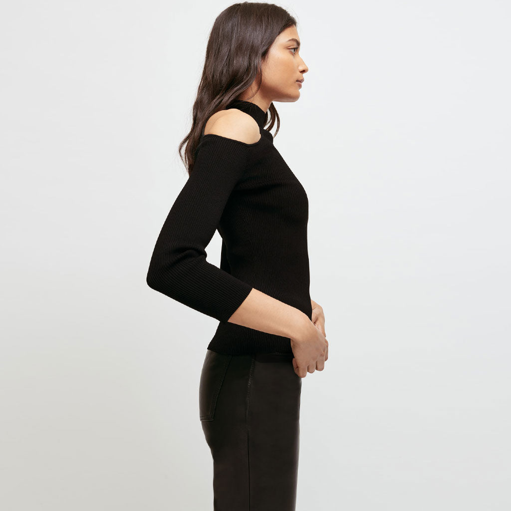 Stylish High Neck Cutout 3/4 Sleeve Rib Knit Pullover Sweater - Black