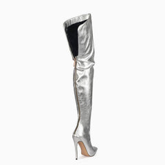 Stylish Pointed Toe Faux Leather Over Knee Stiletto Boots - Silver