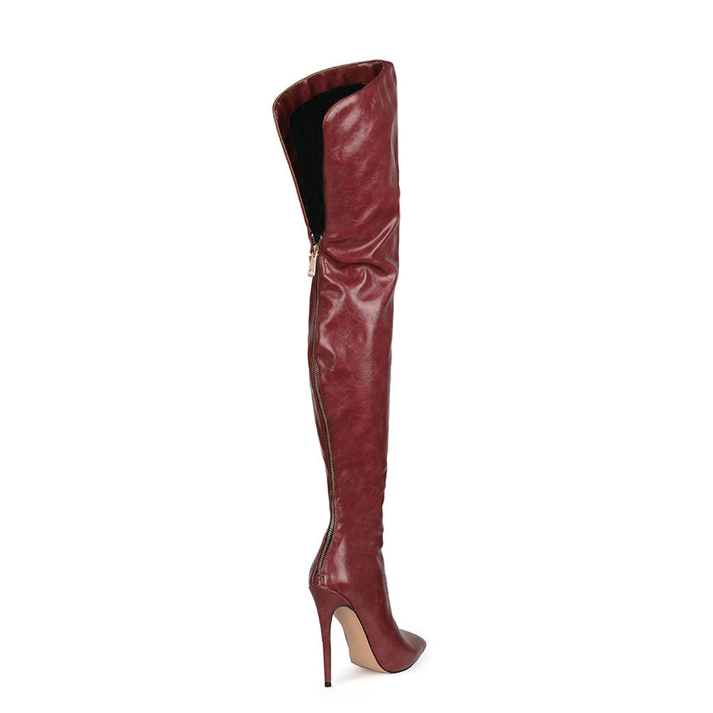 Stylish Pointed Toe Faux Leather Over Knee Stiletto Boots - Burgundy