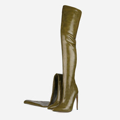 Stylish Pointed Toe Faux Leather Over Knee Stiletto Boots - Olive Green