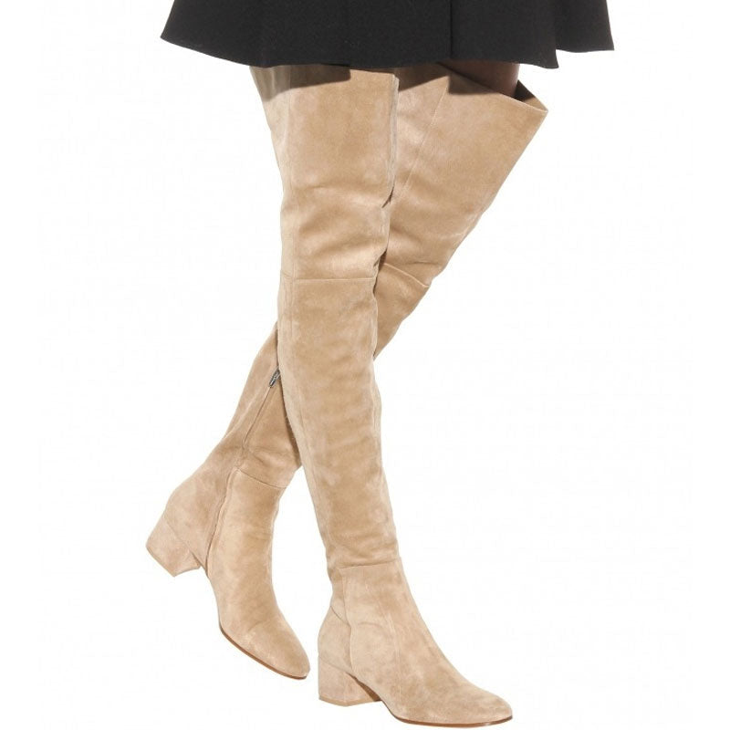 Stylish Round Toe Low Block Heeled Suede Over Knee Boots - Apricot
