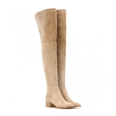 Stylish Round Toe Low Block Heeled Suede Over Knee Boots - Apricot