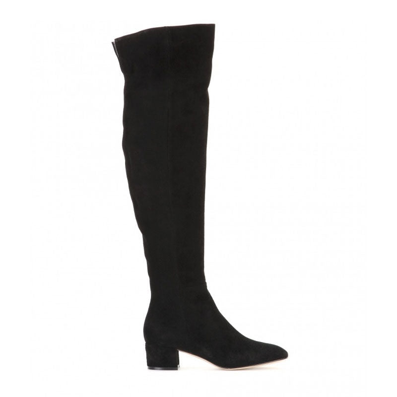 Stylish Round Toe Low Block Heeled Suede Over Knee Boots - Black