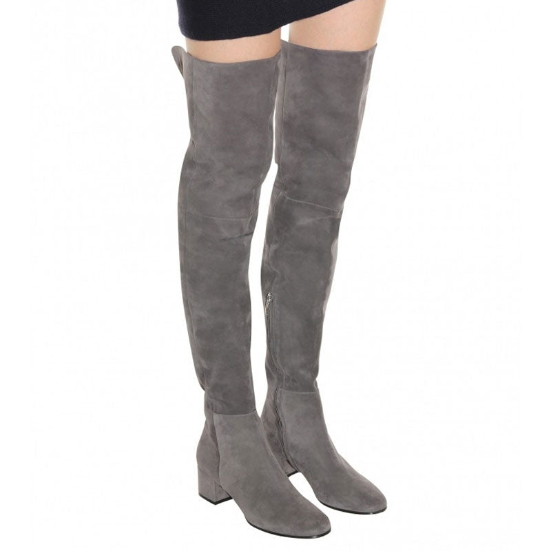 Stylish Round Toe Low Block Heeled Suede Over Knee Boots - Grey