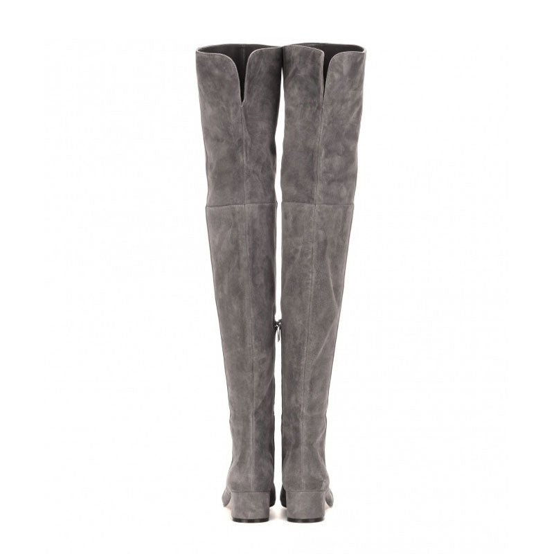 Stylish Round Toe Low Block Heeled Suede Over Knee Boots - Grey