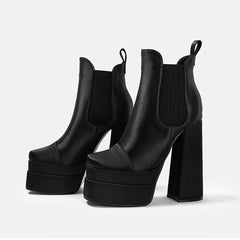Stylish Square Toe Platform Chunky Heel Satin Ankle Boots - Black