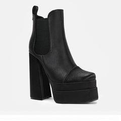 Stylish Square Toe Platform Chunky Heel Satin Ankle Boots - Black