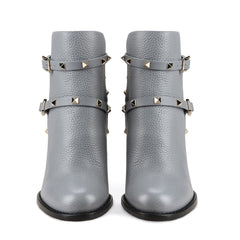 Stylish Strappy Studded Buckle Detail Chunky Heel Ankle Boots - Grey
