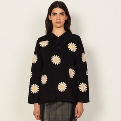 Sweet Daisy Embroidered Oversized Collar Pullover Sweater - Black