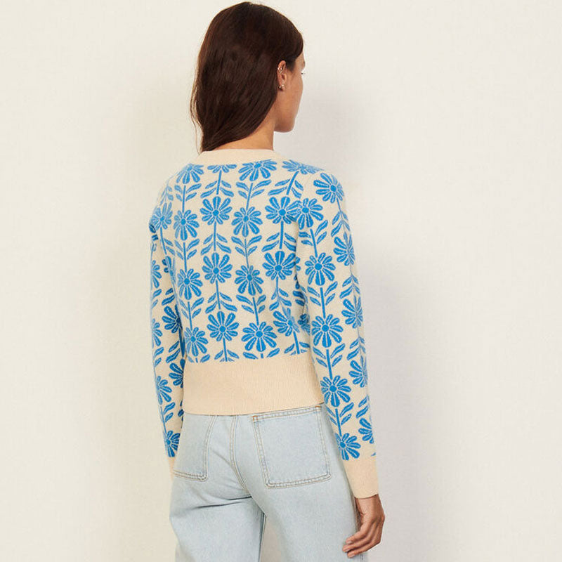 Sweet Daisy Long Sleeve Cashmere Blend Pullover Sweater - Blue